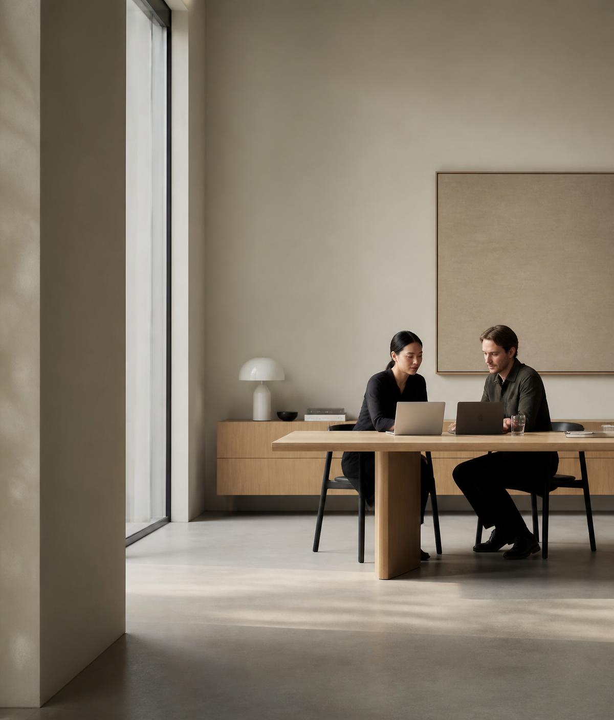 Deux collaborateurs travaillant dans un bureau minimaliste